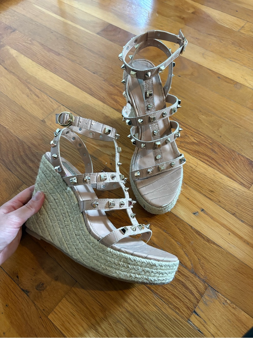 Rockstud Inspired Studded Espadrille Wedge Sandals in Light Pink